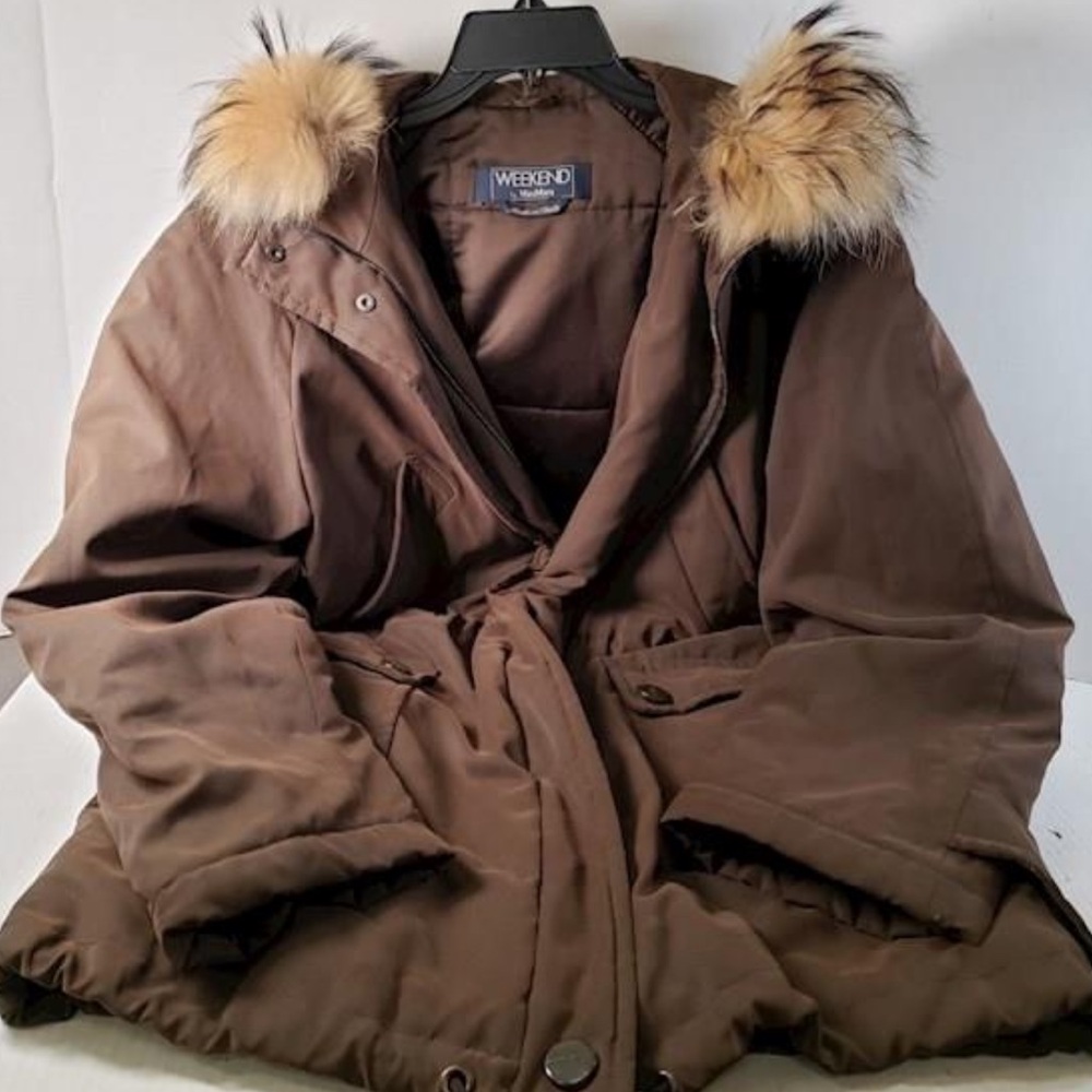 MaxMara Women's Military Puffer Long Coat with Fur Hood Sz 8